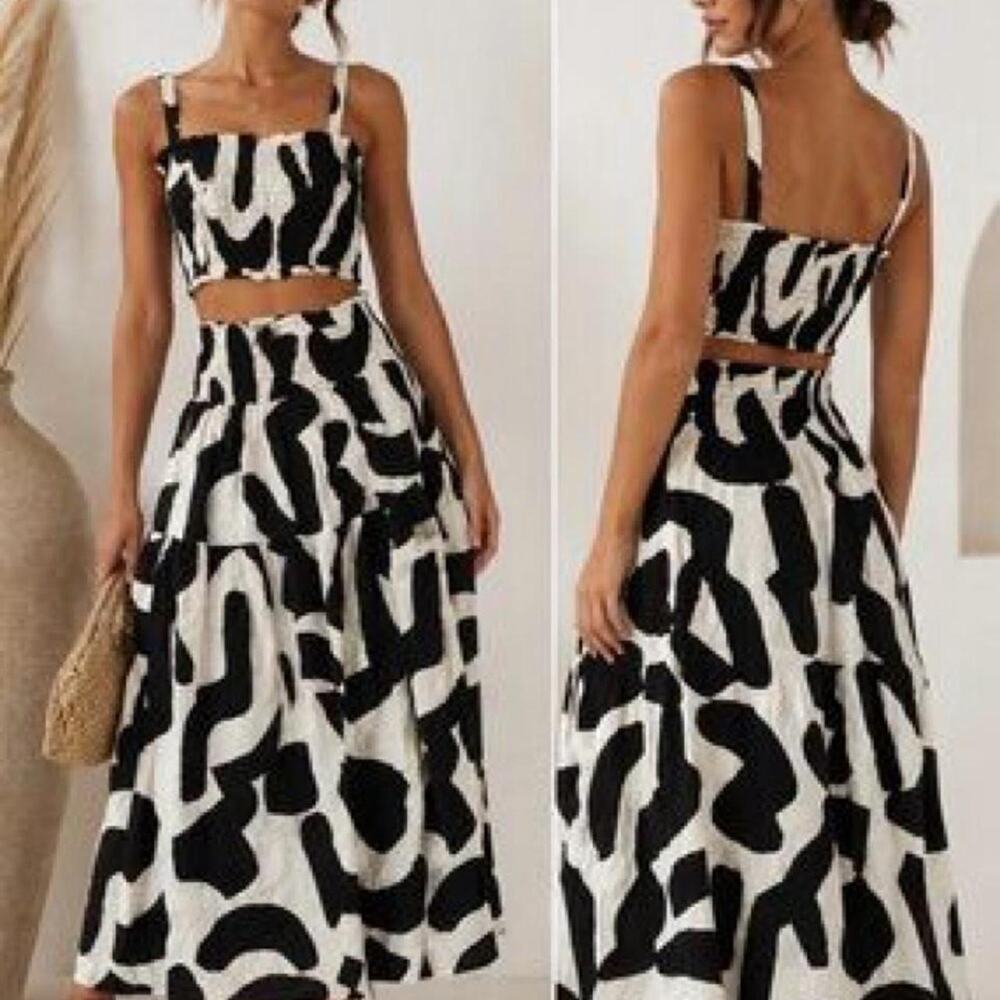 Paper Heart Black Cream Abstract Print Linen Blend Tiered Maxi Skirt Size XL